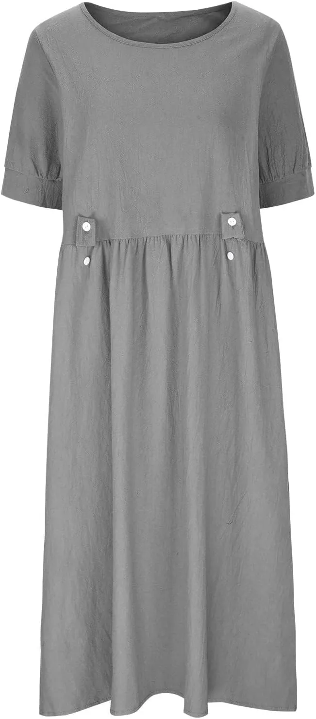 Women's Summer Cotton Linen Casual Midi Dress Plus Size Short Sleeve Flowy Beach Long Dresses Vacation Party Dresses