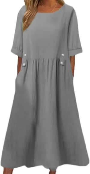 Women's Summer Cotton Linen Casual Midi Dress Plus Size Short Sleeve Flowy Beach Long Dresses Vacation Party Dresses
