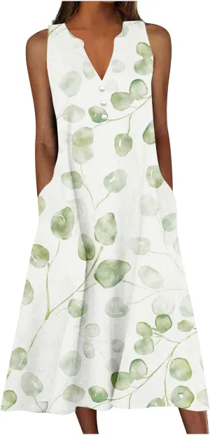 Womens Summer Design Casual Dress Fashion Floral Printed Sleeveless Button V-Neck 2025 Dress Long Dress with Pockets