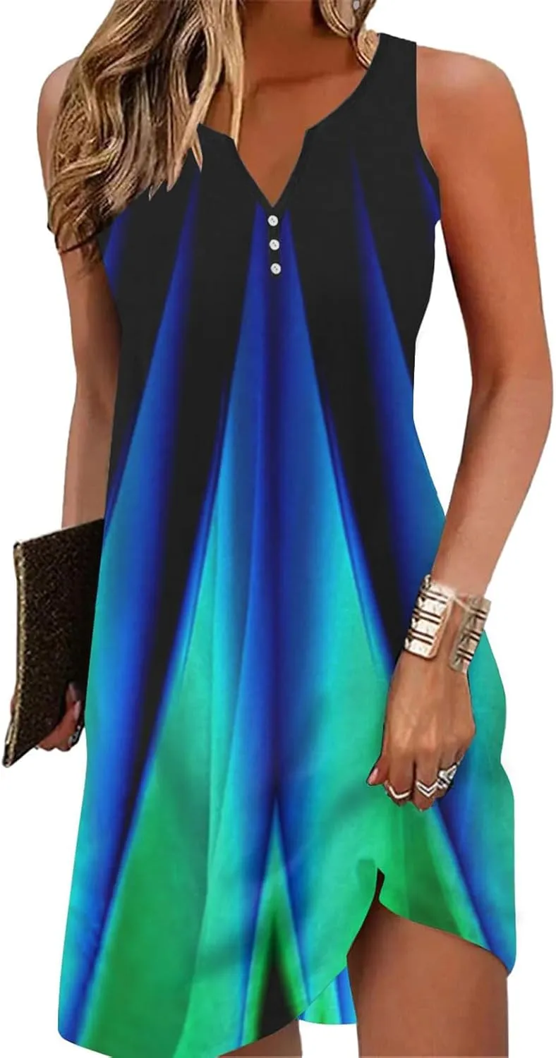 Womens Summer Dress 2024 Casual V Neck Sleeveless Fashion Boho Floral Beach Dress Sundress A-Line Dress