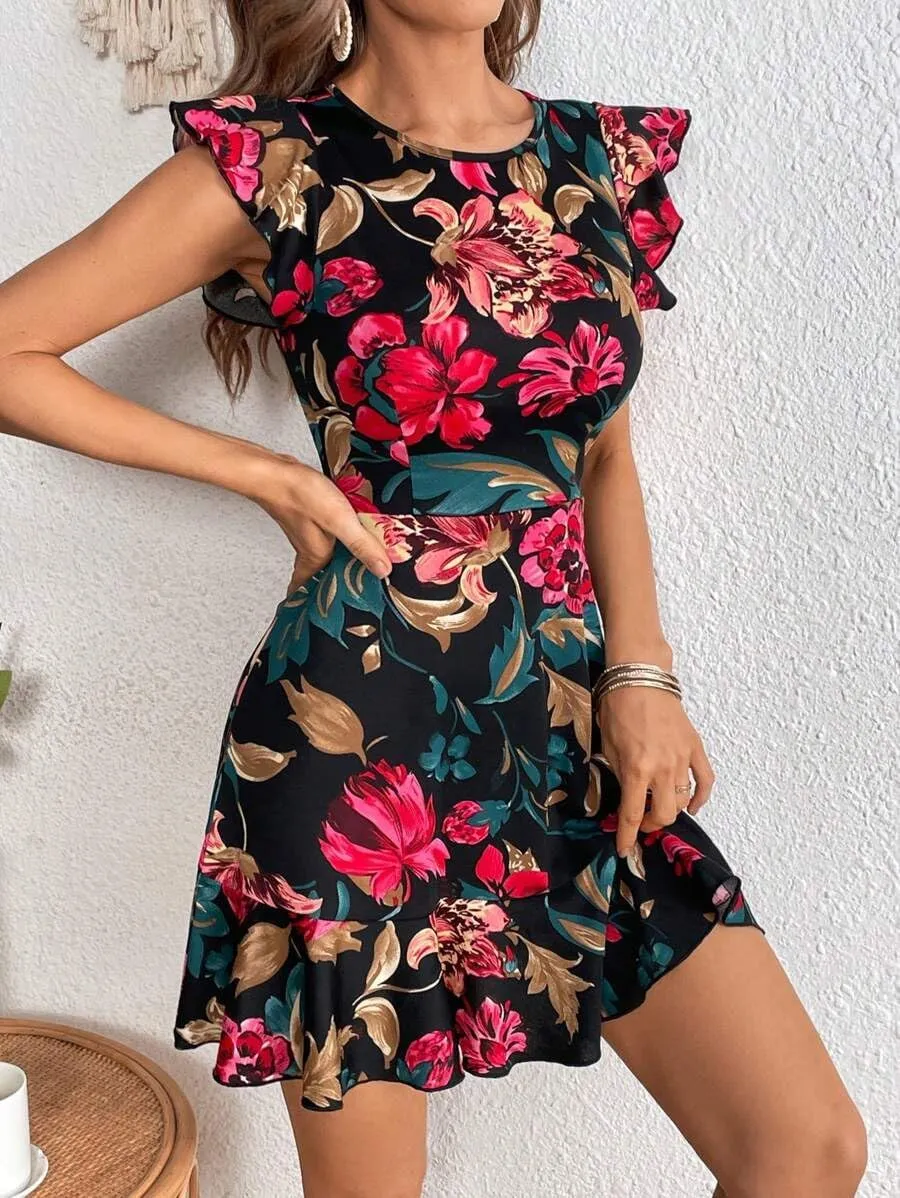 Women's Summer Dress Short Ruffle Sleeve Floral Dress A Line Casual Mini Dress