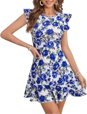 Women's Summer Dress Short Ruffle Sleeve Floral Dress A Line Casual Mini Dress