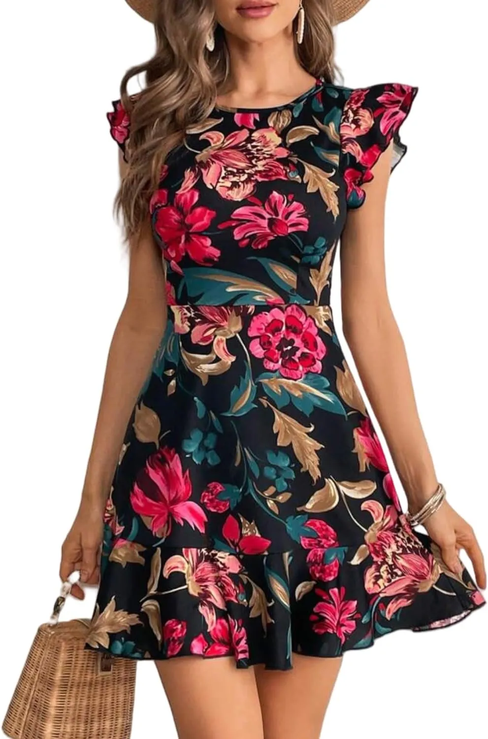 Women's Summer Dress Short Ruffle Sleeve Floral Dress A Line Casual Mini Dress