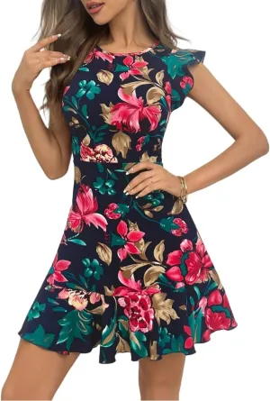 Women's Summer Dress Short Ruffle Sleeve Floral Dress A Line Casual Mini Dress
