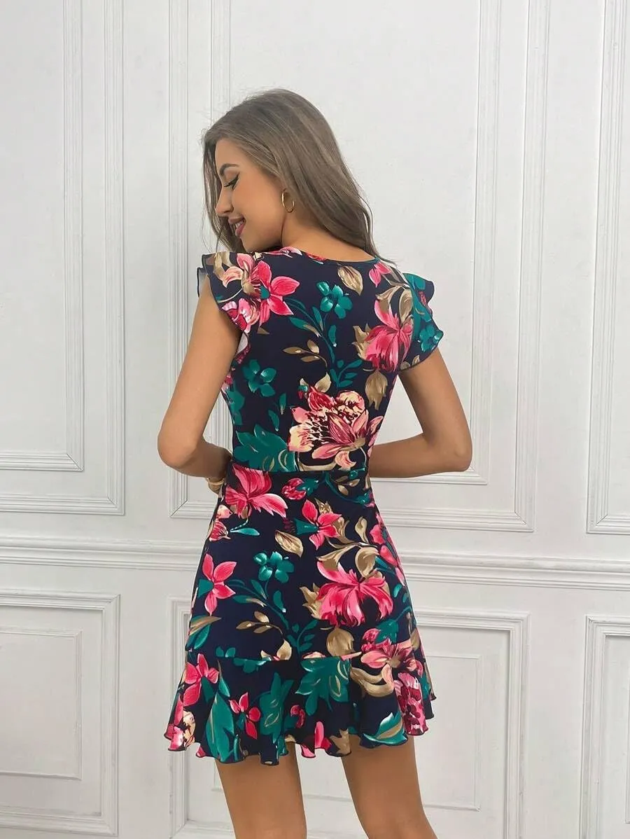 Women's Summer Dress Short Ruffle Sleeve Floral Dress A Line Casual Mini Dress