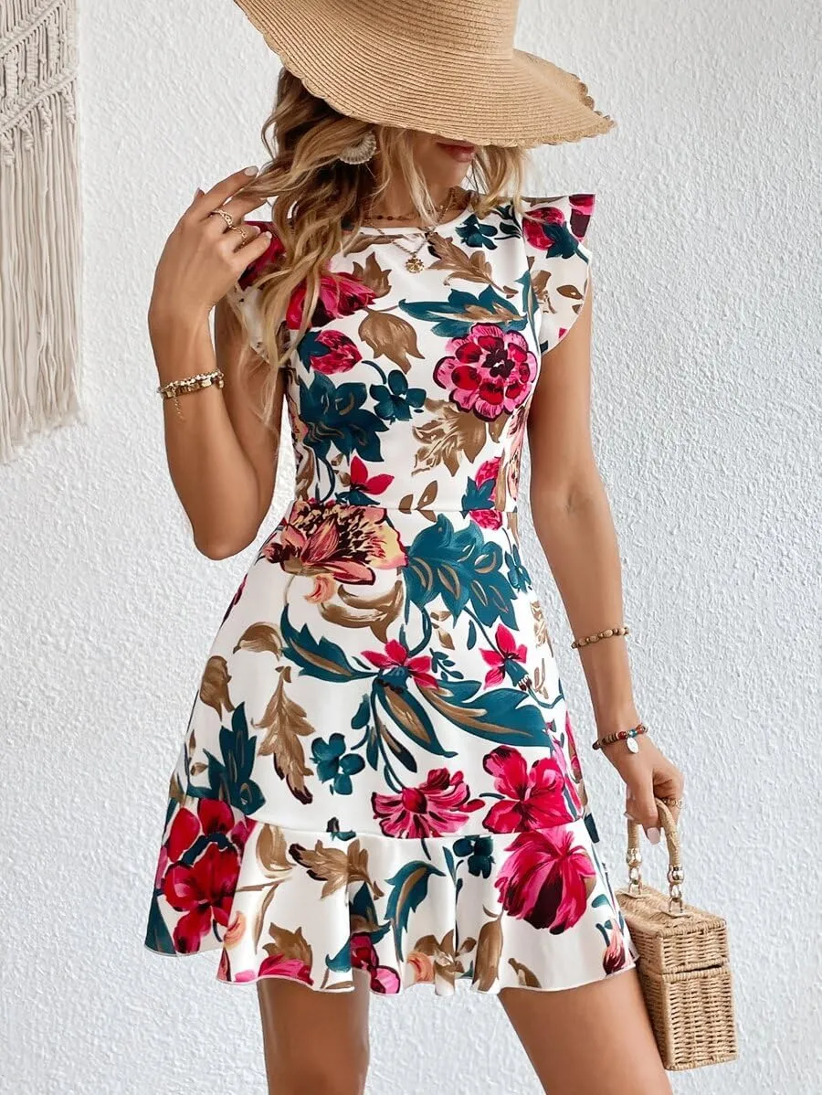Women's Summer Dress Short Ruffle Sleeve Floral Dress A Line Casual Mini Dress