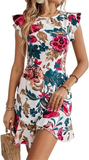 Women's Summer Dress Short Ruffle Sleeve Floral Dress A Line Casual Mini Dress
