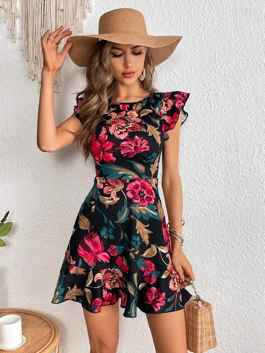 Women's Summer Dress Short Ruffle Sleeve Floral Dress A Line Casual Mini Dress