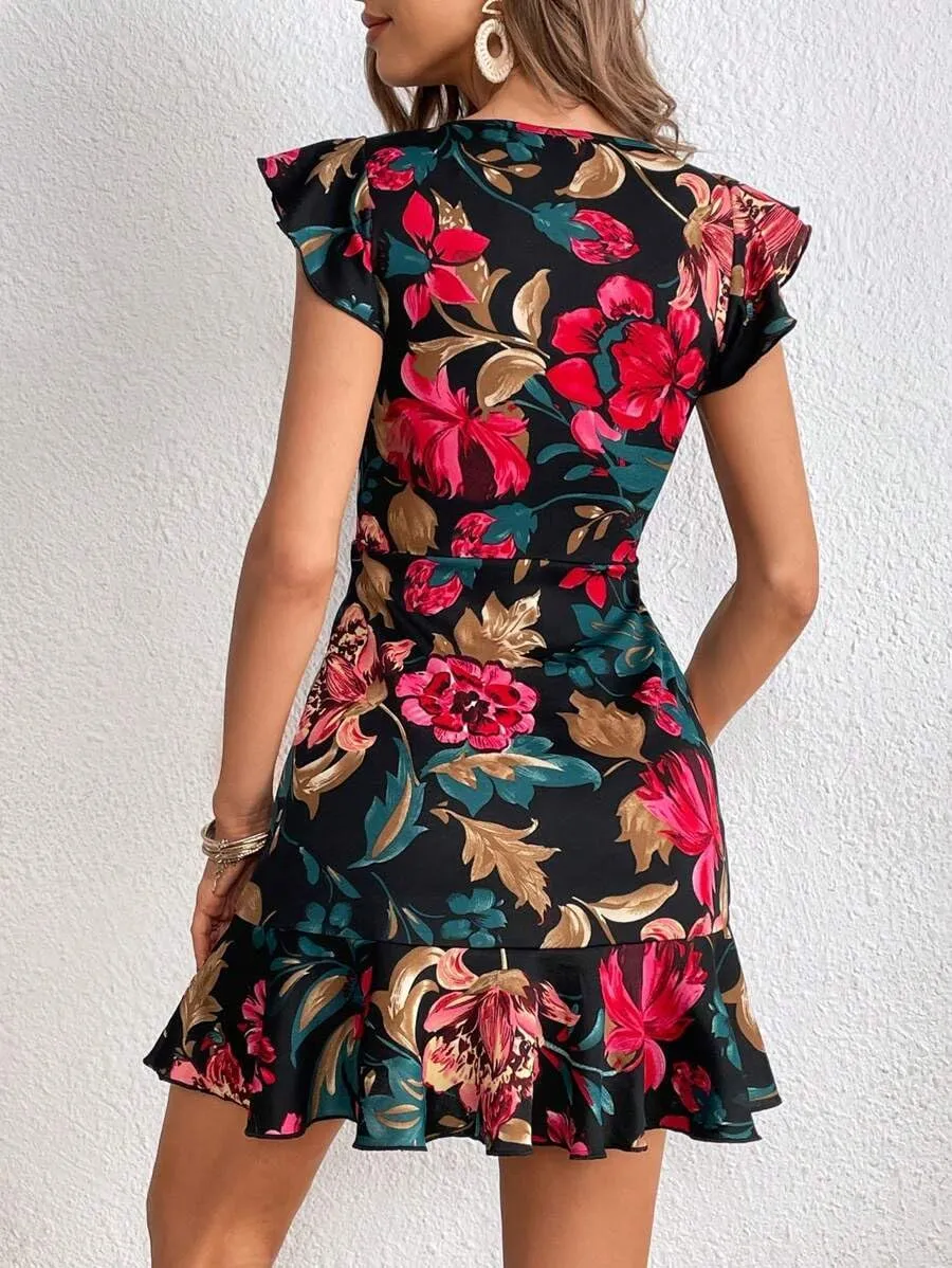 Women's Summer Dress Short Ruffle Sleeve Floral Dress A Line Casual Mini Dress