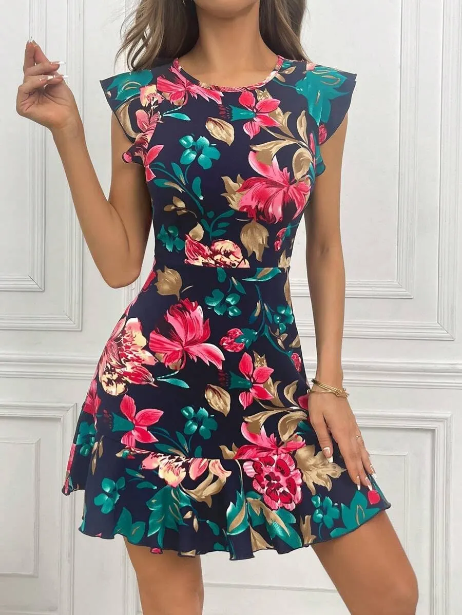 Women's Summer Dress Short Ruffle Sleeve Floral Dress A Line Casual Mini Dress