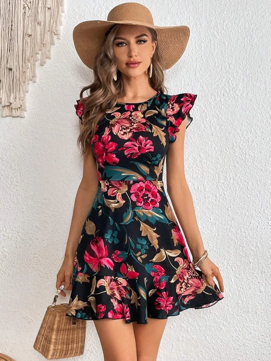 Women's Summer Dress Short Ruffle Sleeve Floral Dress A Line Casual Mini Dress