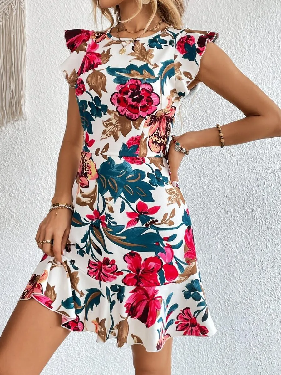 Women's Summer Dress Short Ruffle Sleeve Floral Dress A Line Casual Mini Dress