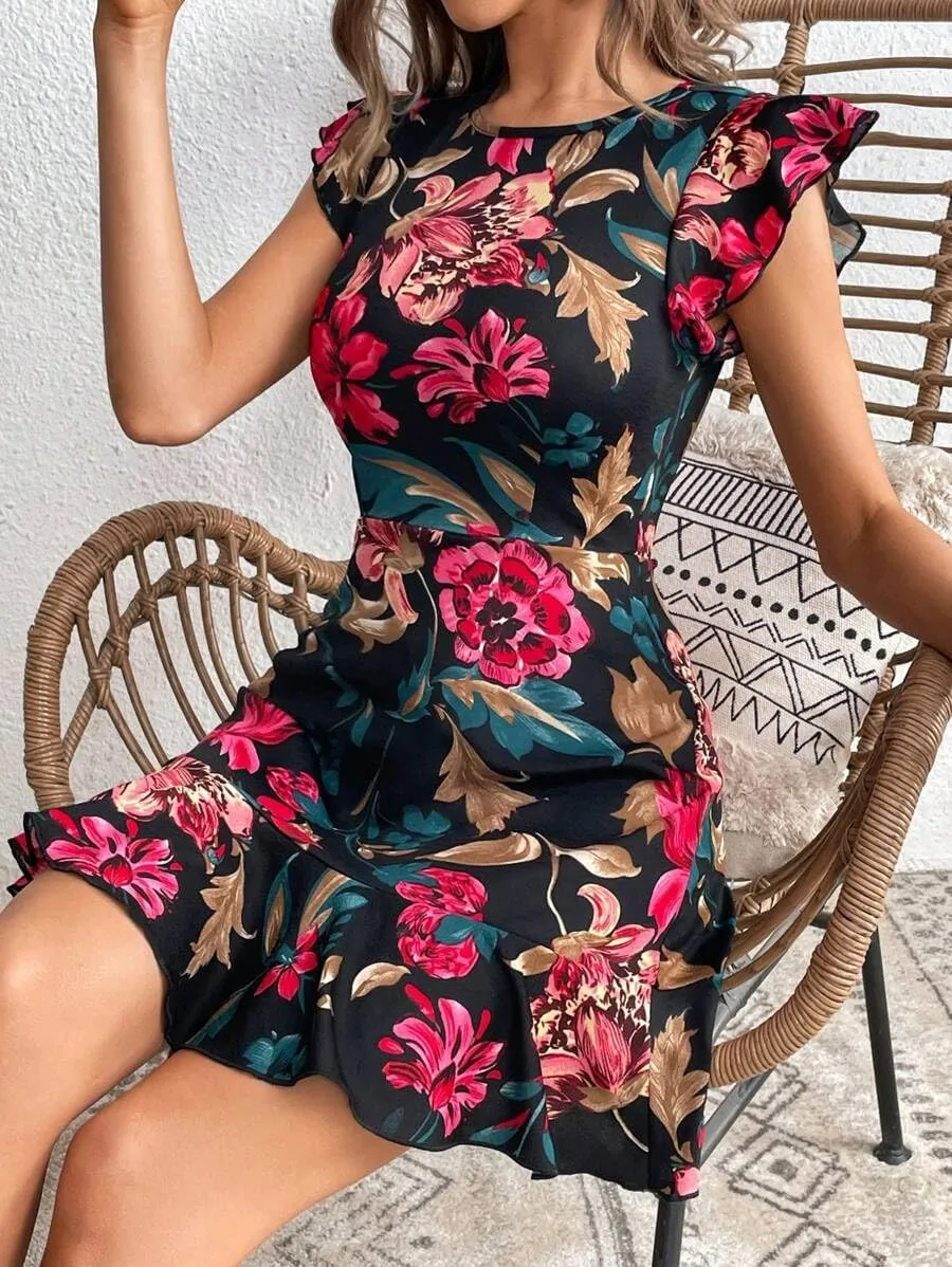 Women's Summer Dress Short Ruffle Sleeve Floral Dress A Line Casual Mini Dress
