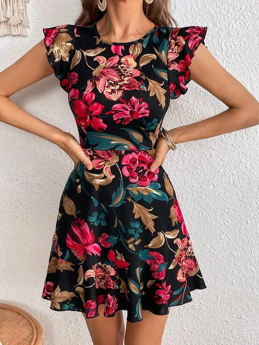 Women's Summer Dress Short Ruffle Sleeve Floral Dress A Line Casual Mini Dress