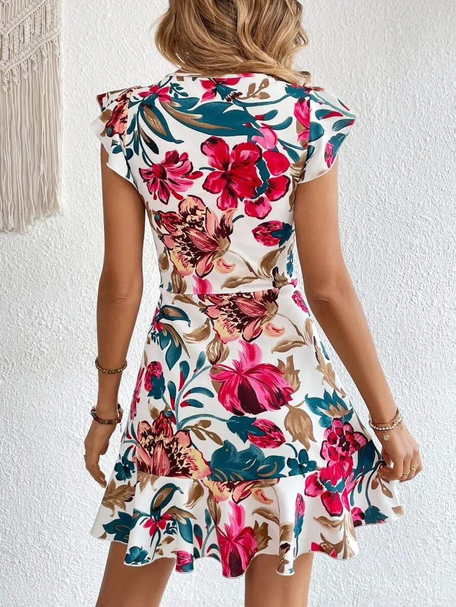 Women's Summer Dress Short Ruffle Sleeve Floral Dress A Line Casual Mini Dress