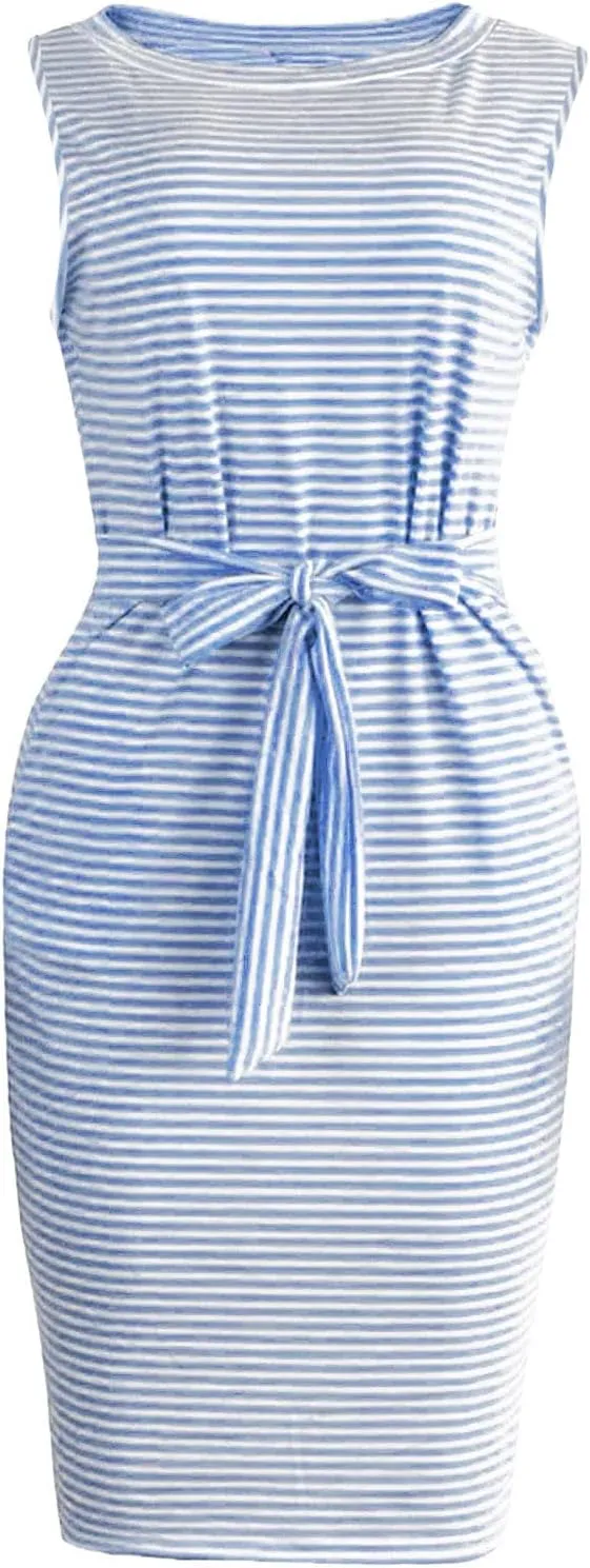 Women's Summer Dresses 2023 Casual Striped Sundresses Short Sleeve T-Shirt Dress Tie Waist Dress with Pockets Skirts