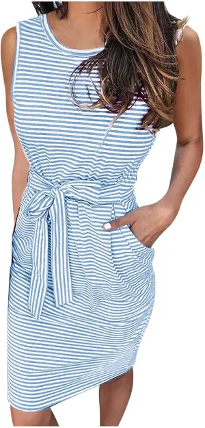 Women's Summer Dresses 2023 Casual Striped Sundresses Short Sleeve T-Shirt Dress Tie Waist Dress with Pockets Skirts