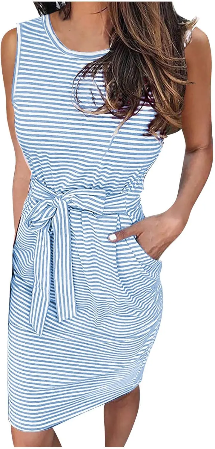Women's Summer Dresses 2023 Casual Striped Sundresses Short Sleeve T-Shirt Dress Tie Waist Dress with Pockets Skirts