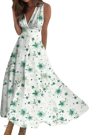 Womens Summer Dresses 2025 Floral Sleeveless V Neck Maxi Dresses High Waisted Flowy Sundresses Plus Size Beach Dress