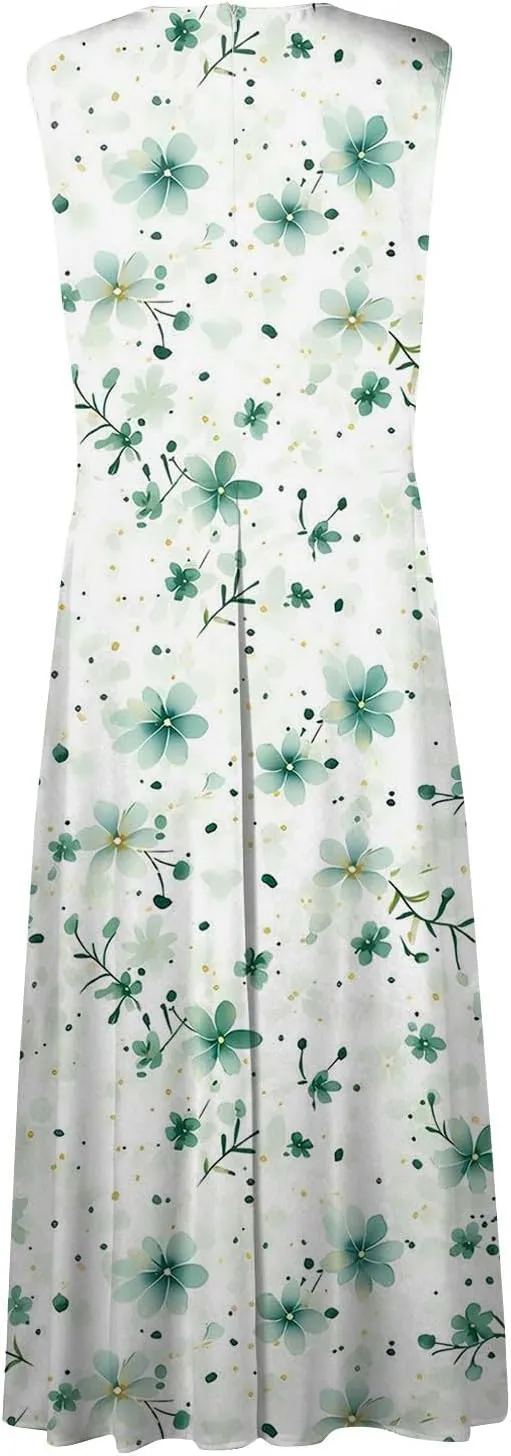 Womens Summer Dresses 2025 Floral Sleeveless V Neck Maxi Dresses High Waisted Flowy Sundresses Plus Size Beach Dress