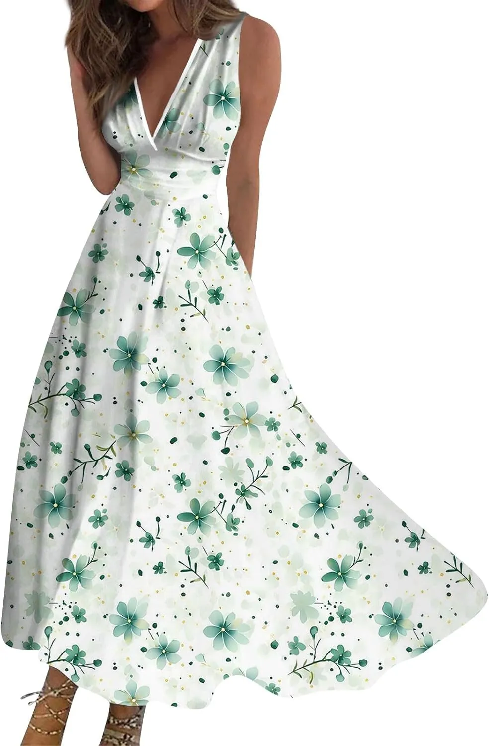 Womens Summer Dresses 2025 Floral Sleeveless V Neck Maxi Dresses High Waisted Flowy Sundresses Plus Size Beach Dress
