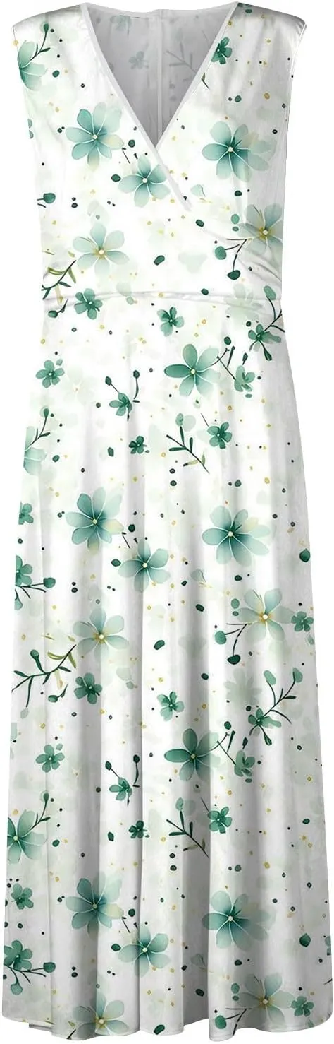 Womens Summer Dresses 2025 Floral Sleeveless V Neck Maxi Dresses High Waisted Flowy Sundresses Plus Size Beach Dress