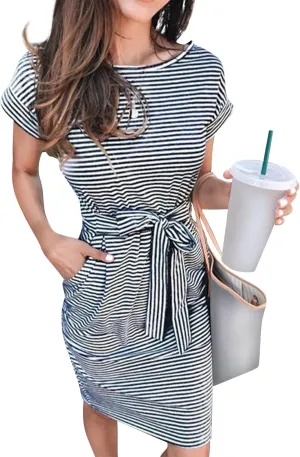Women's Summer Dresses 2025 Trendy Crewneck Short Sleeve Midi T Shirt Dress Tie Waist Striped Tunic Dress with Pocket