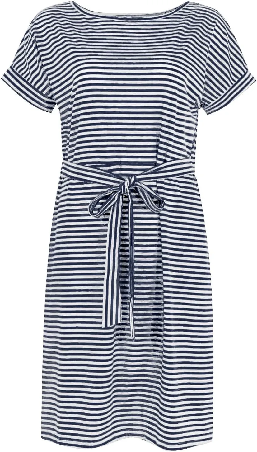 Women's Summer Dresses 2025 Trendy Crewneck Short Sleeve Midi T Shirt Dress Tie Waist Striped Tunic Dress with Pocket