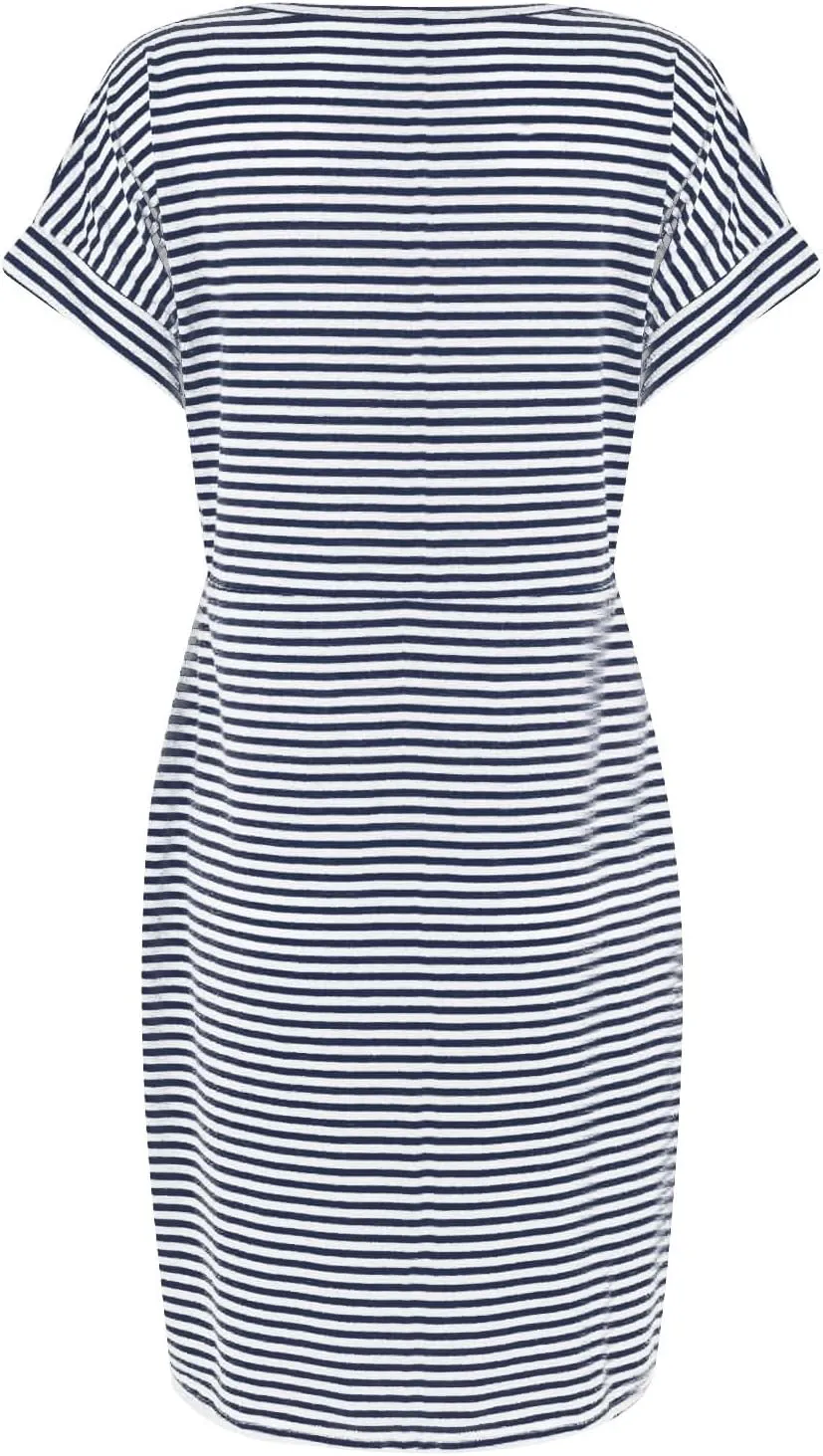 Women's Summer Dresses 2025 Trendy Crewneck Short Sleeve Midi T Shirt Dress Tie Waist Striped Tunic Dress with Pocket