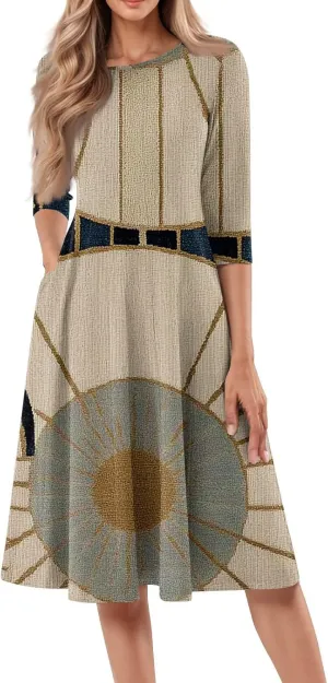 Womens Summer Dresses Beach Round Neck 3/4 Sleeve Midi Dresses A Line Dress Spring Floral Flowy Dress with Pocket