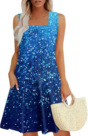 Womens Summer Dresses printedSleeveless Mini Dress Casual Flowy Tshirt Tank Dresses Beach Sundresses with Pockets