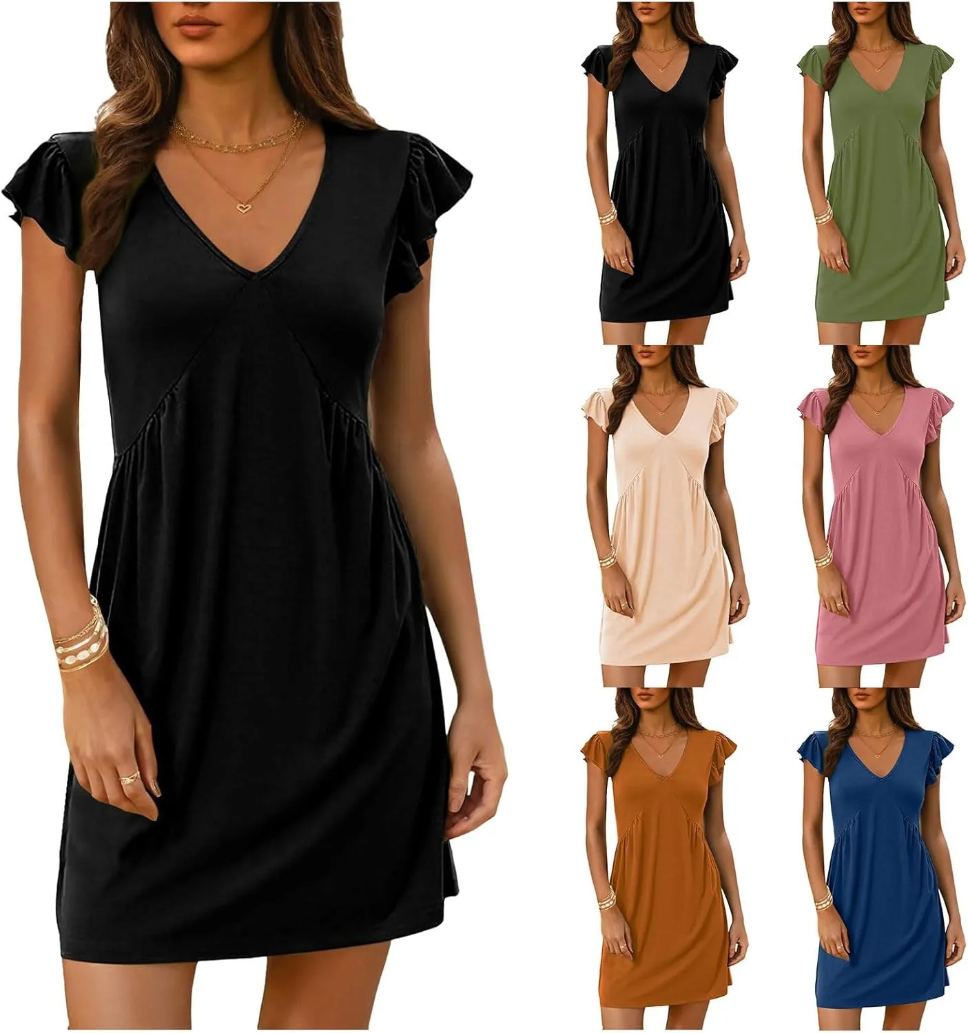 Womens Summer Dresses Ruffle Sleeve Mini Dress V Neck Loose Fit Sundress Beach Vacation Outfits