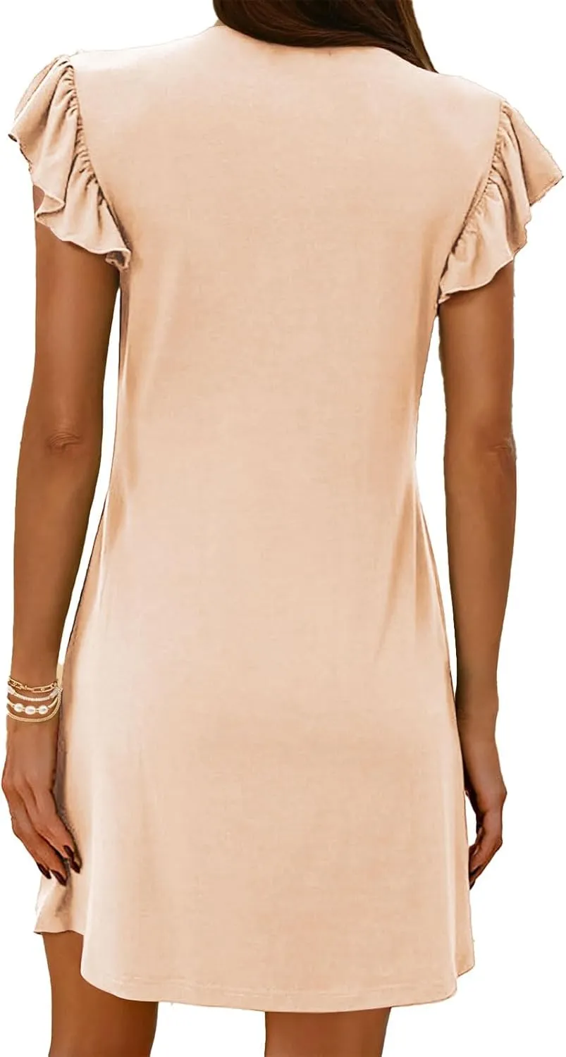 Womens Summer Dresses Ruffle Sleeve Mini Dress V Neck Loose Fit Sundress Beach Vacation Outfits