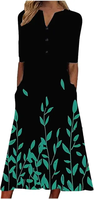 Womens Summer Dresses Vintage Color Block Button V-Neck Short Sleeve Beach Vacation Casual Boho Dress with Pocket