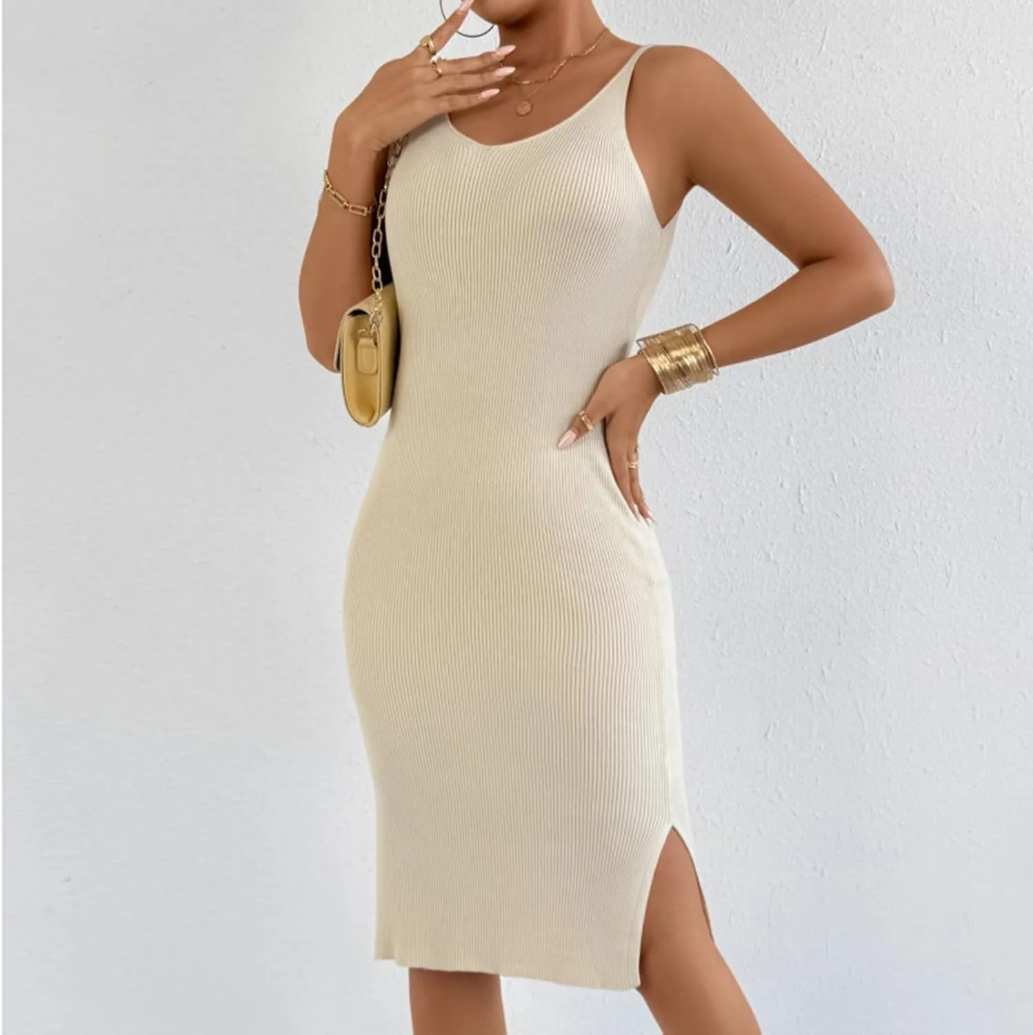 Womens Summer Floral Midi Dresses Elegant Halter Neck Empire Waist Dress Soft Knit Boho Casual Beach Vacation Dresses