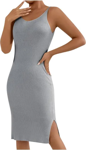 Womens Summer Floral Midi Dresses Elegant Halter Neck Empire Waist Dress Soft Knit Boho Casual Beach Vacation Dresses