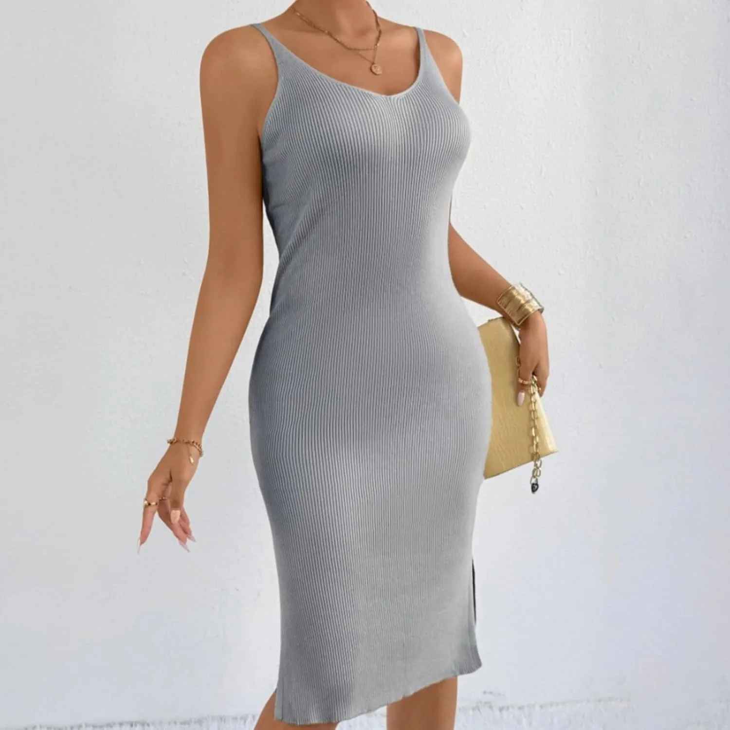 Womens Summer Floral Midi Dresses Elegant Halter Neck Empire Waist Dress Soft Knit Boho Casual Beach Vacation Dresses