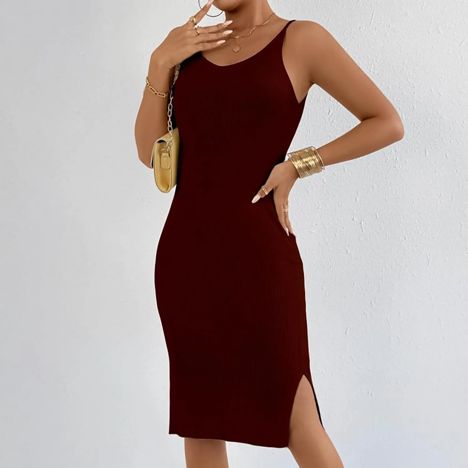Womens Summer Floral Midi Dresses Elegant Halter Neck Empire Waist Dress Soft Knit Boho Casual Beach Vacation Dresses