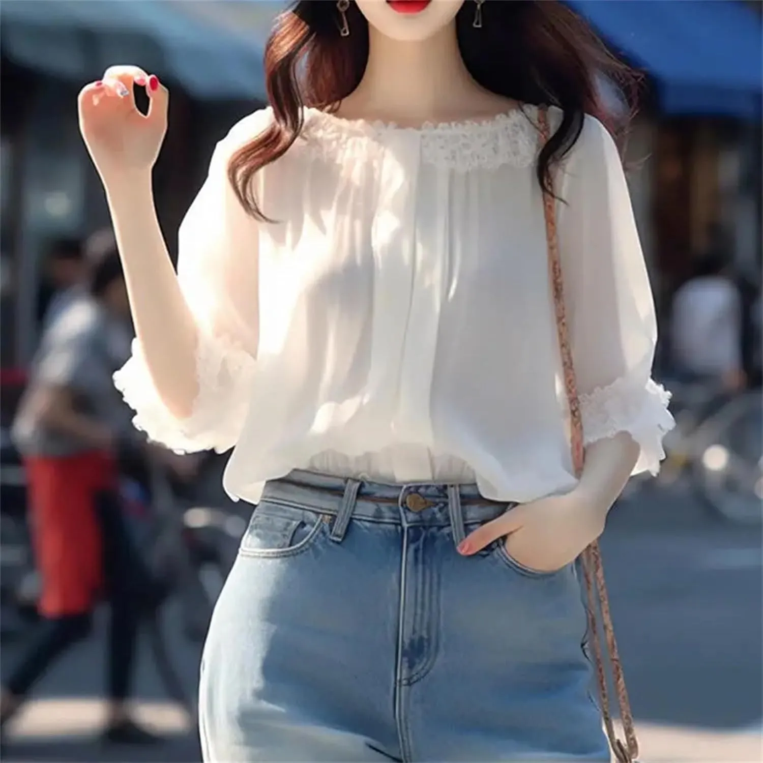 Women's Summer Loose Lace Solid Color Patchwork – Slash Neck 3/4 Sleeve Chiffon Shirt, Casual All-Match Top
