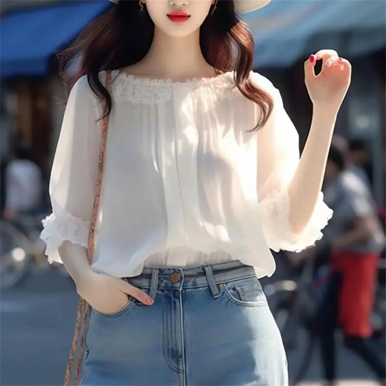 Women's Summer Loose Lace Solid Color Patchwork – Slash Neck 3/4 Sleeve Chiffon Shirt, Casual All-Match Top