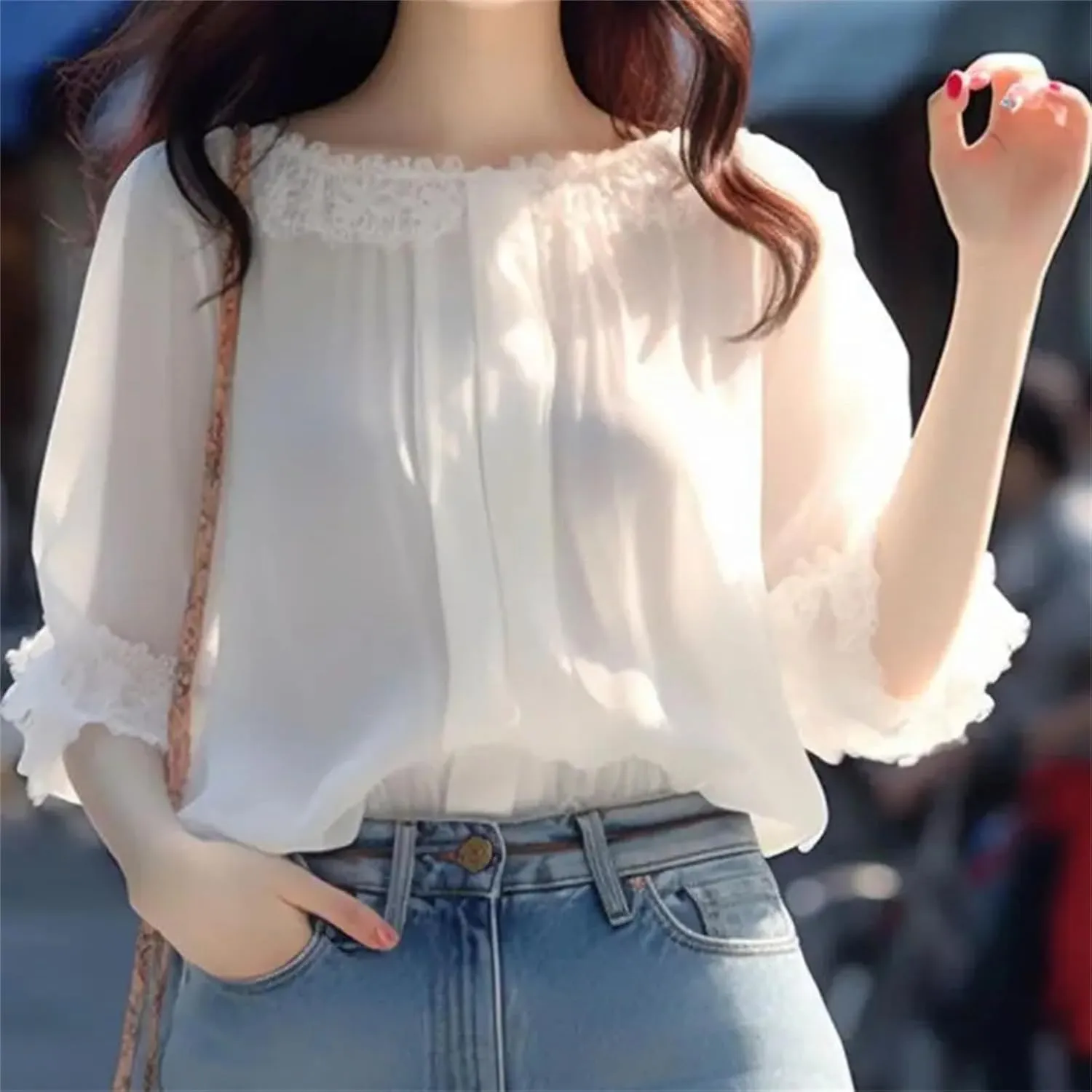 Women's Summer Loose Lace Solid Color Patchwork – Slash Neck 3/4 Sleeve Chiffon Shirt, Casual All-Match Top