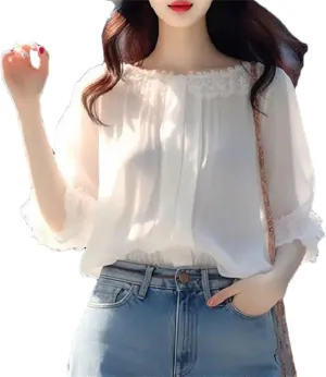 Women's Summer Loose Lace Solid Color Patchwork – Slash Neck 3/4 Sleeve Chiffon Shirt, Casual All-Match Top