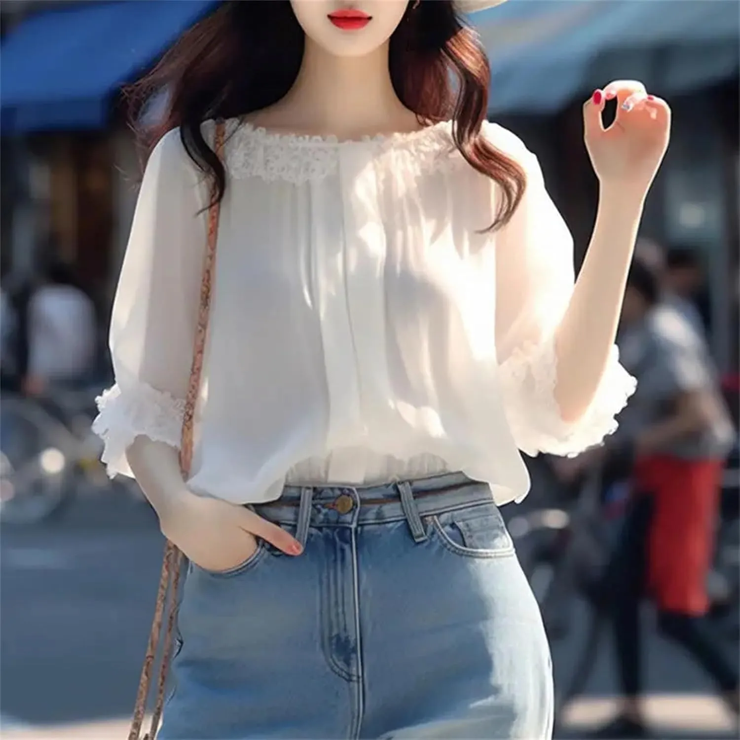 Women's Summer Loose Lace Solid Color Patchwork – Slash Neck 3/4 Sleeve Chiffon Shirt, Casual All-Match Top