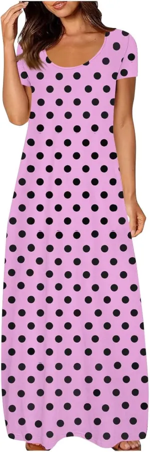 Women's Summer Maxi Dresses Boho Long T Shirts Dresses Plus Size Empire Waist Flowy Beach Dress Short Sleeve Sundress