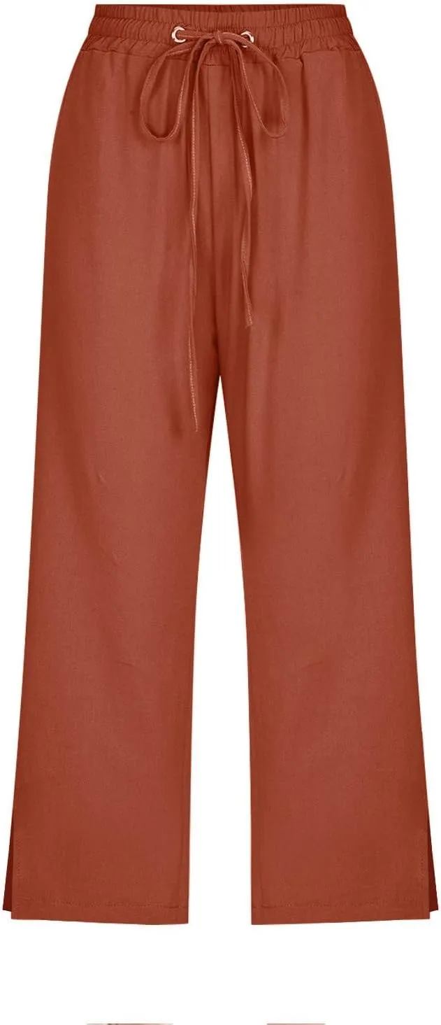 Womens Summer Mix Cotton Linen Palazzo Pants Beach Casual Pants Linen Trousers Beach Vacation