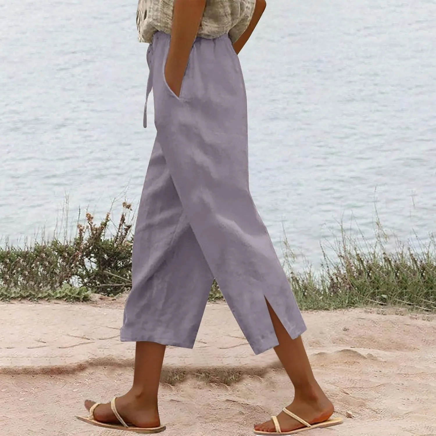 Womens Summer Mix Cotton Linen Palazzo Pants Beach Casual Pants Linen Trousers Beach Vacation