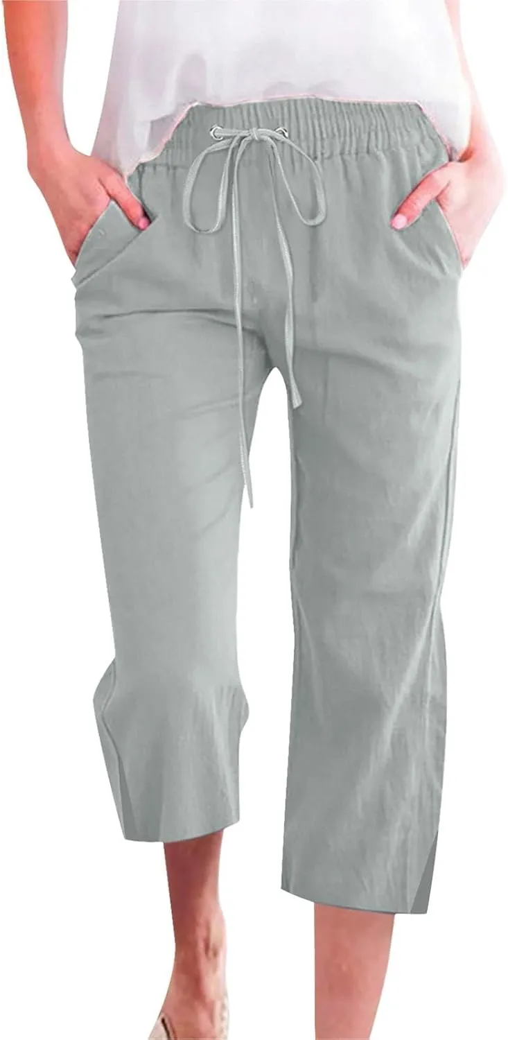 Womens Summer Mix Cotton Linen Palazzo Pants Beach Casual Pants Linen Trousers Beach Vacation