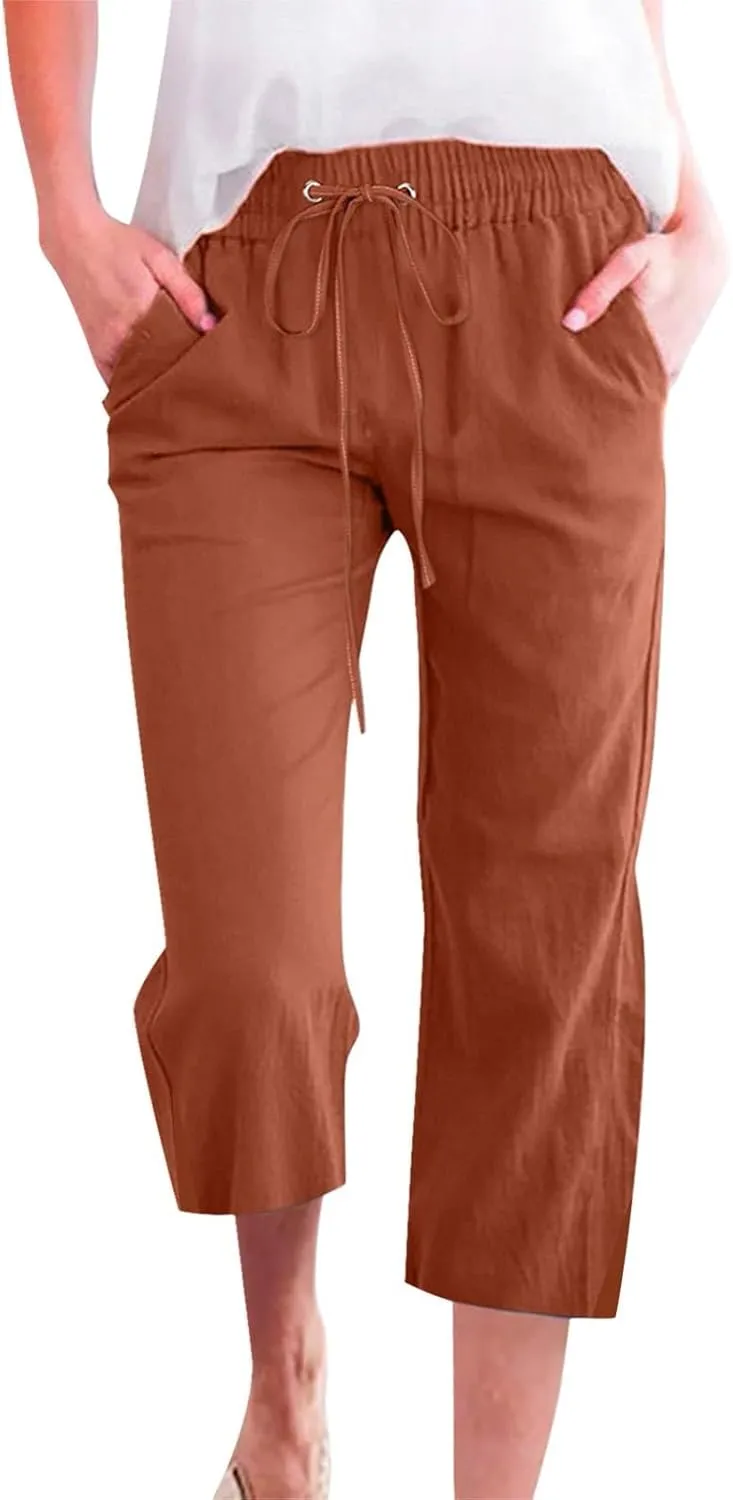 Womens Summer Mix Cotton Linen Palazzo Pants Beach Casual Pants Linen Trousers Beach Vacation