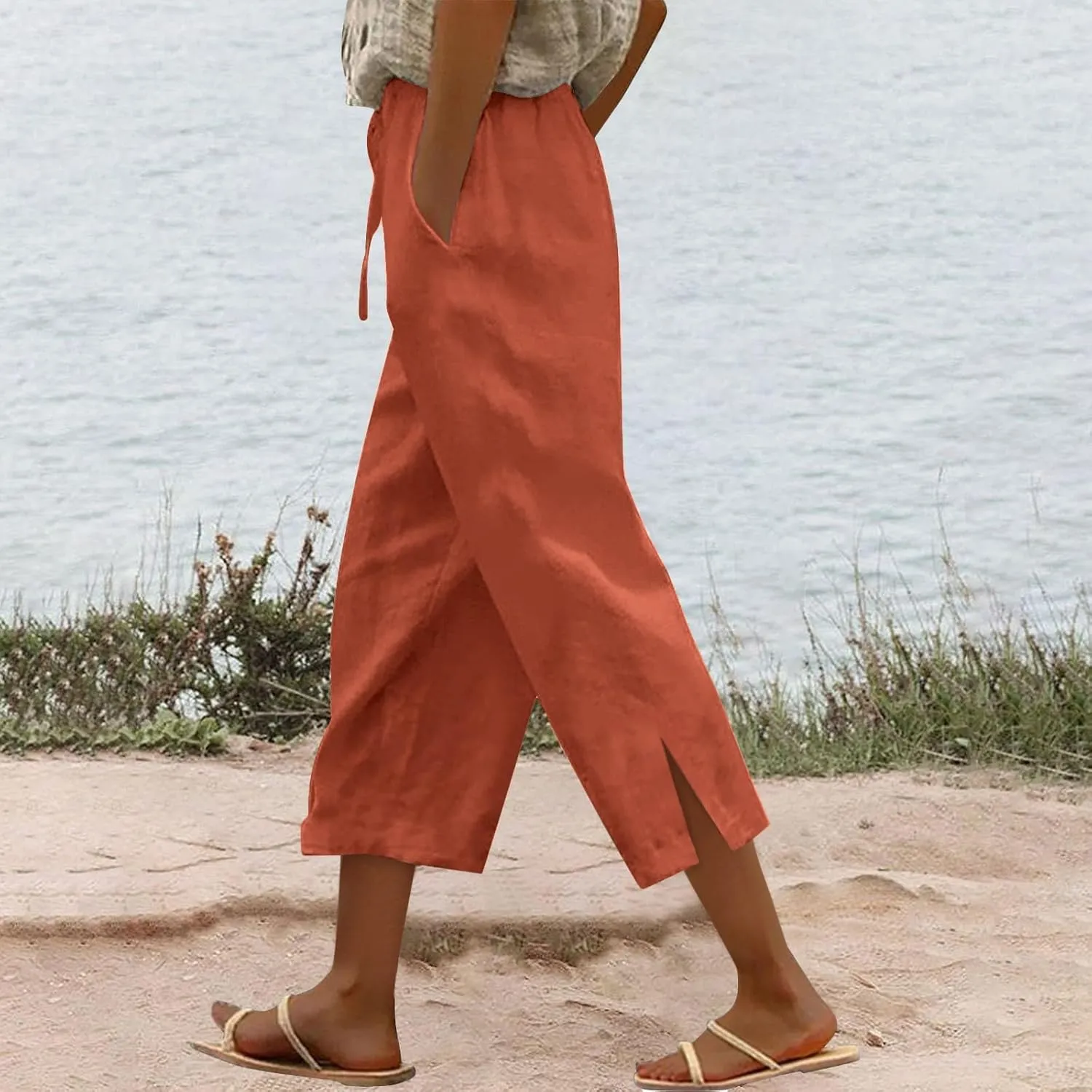 Womens Summer Mix Cotton Linen Palazzo Pants Beach Casual Pants Linen Trousers Beach Vacation