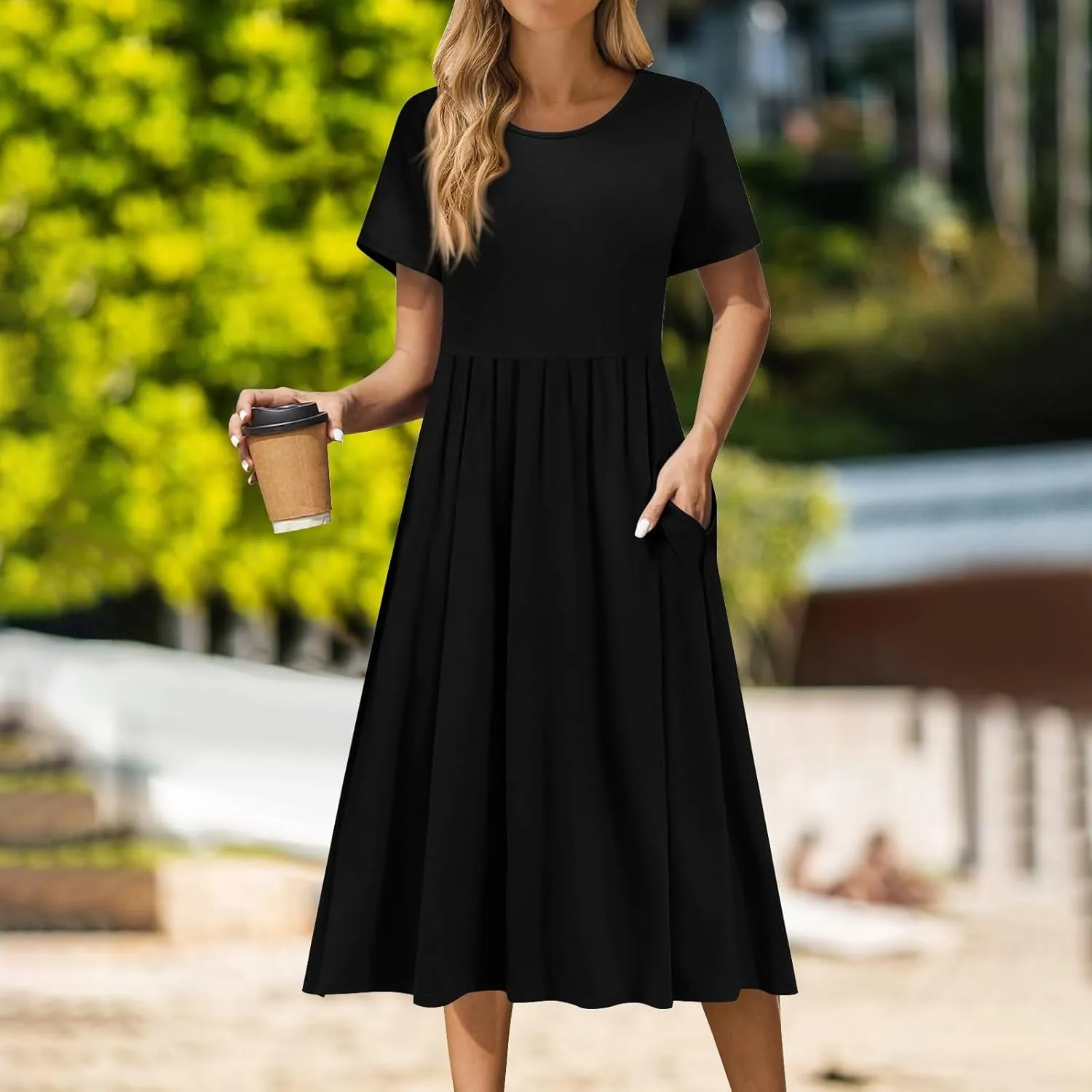Women's Summer Short Sleeve A-Line Midi Dresses Casual Floral T-Shirt Dress Boho Beach Dresses with Pockets